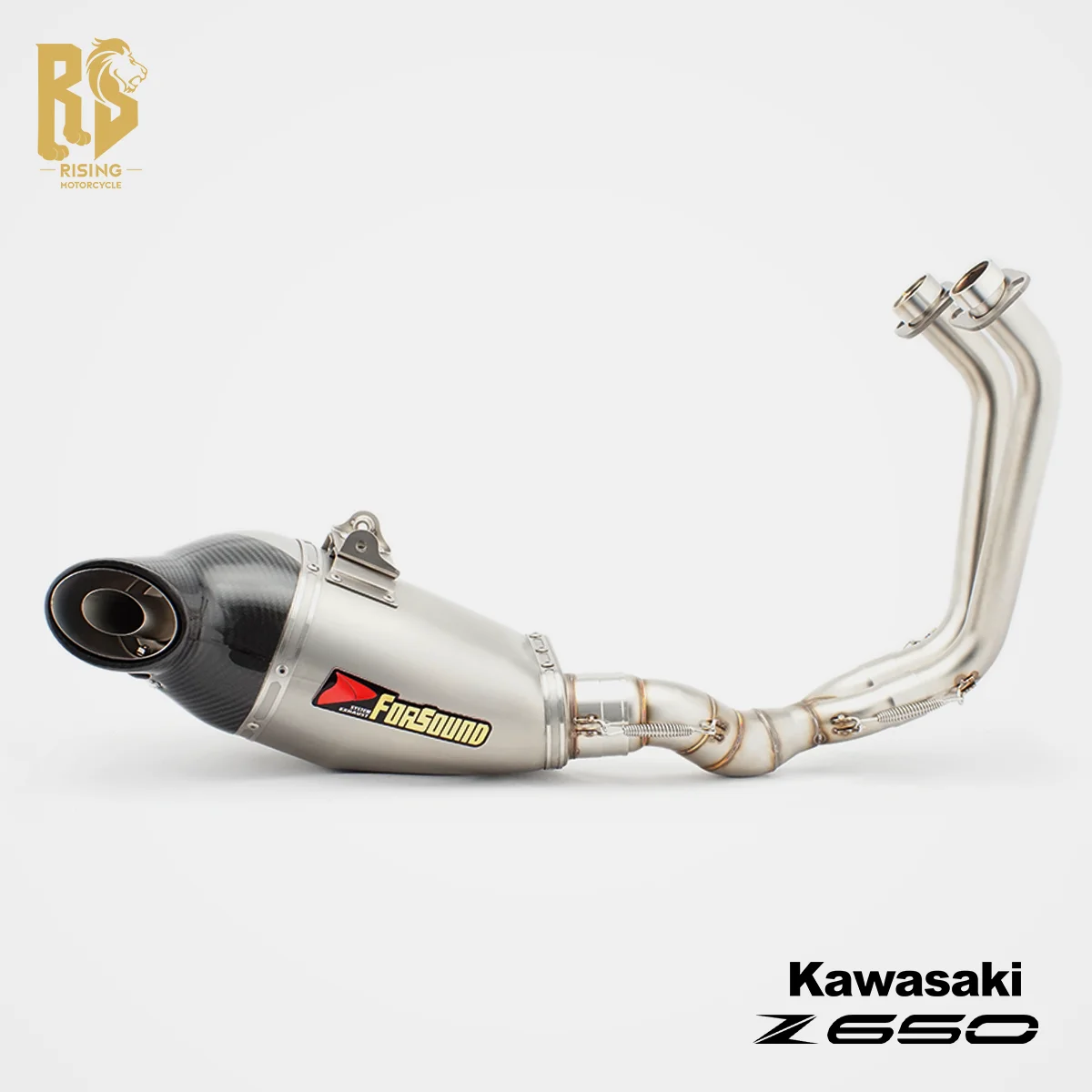 RS Kawasaki Z650 modified full exhaust system, bottom exit, FORSOUND carbon fiber tailback pressure silencing.
